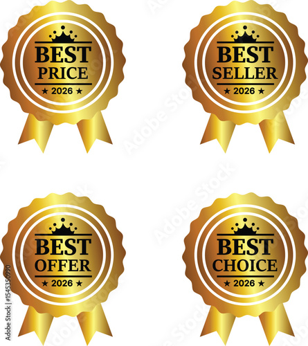 Four gold award seals for best, price, seller, offer, and choice, badge vector illustartion