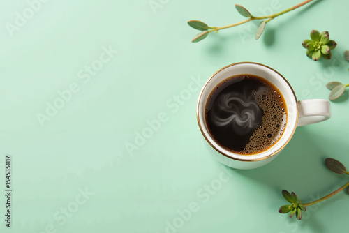 A minimalist flat lay of a steaming coffee cup from above, surrounded by small green plants on a soft pastel green surface.