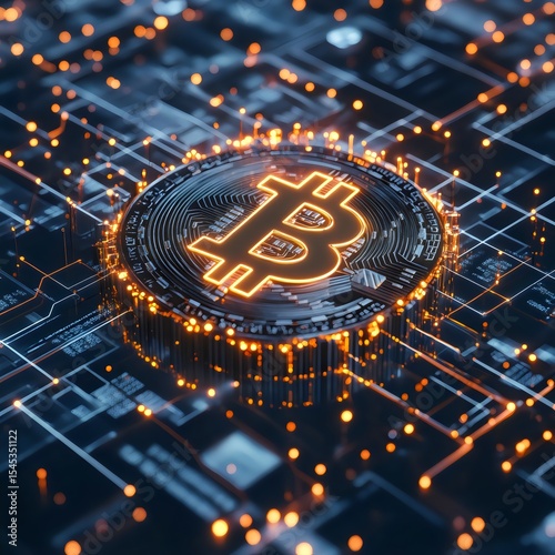 Futuristic Glowing Bitcoin Symbol on Digital Circuit Cryptocurrency Blockchain Technology Concept. Generative AI 
