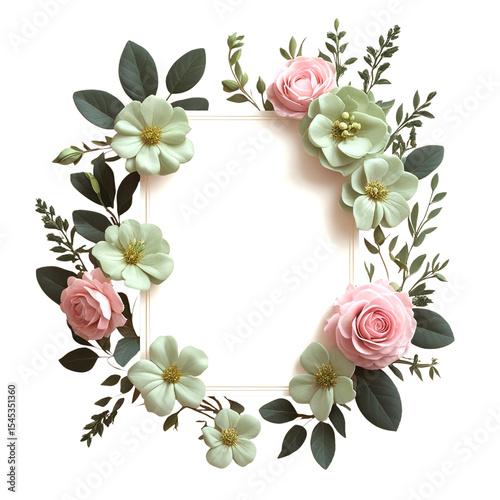 Floral frame with pink roses and green leaves isolated on transparent background for elegant wedding invitation design