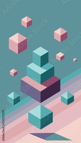 Geometric isometric illustration of abstract floating cubes with various modern soft pastel colors
