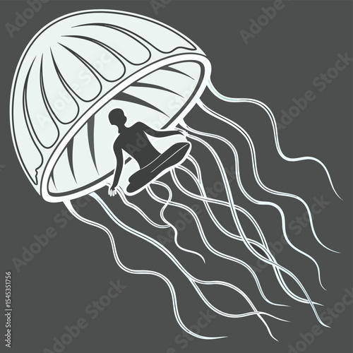Silhouette of a surfer riding inside a jellyfish with flowing tentacles in monochrome style art design