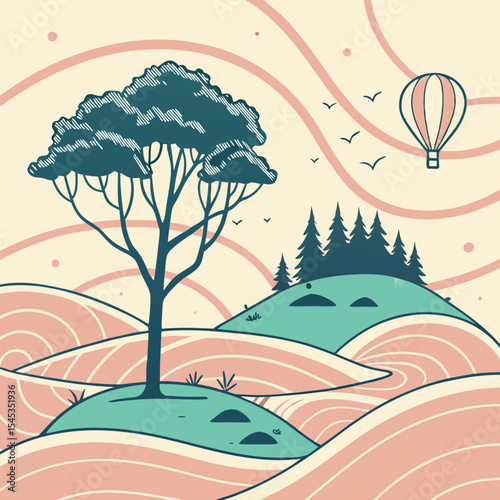 Illustration of a tree landscape with hills and a hot air balloon in a vintage color palette