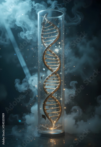 DNA helix embedded in a glass tube with mist and light beams passing through