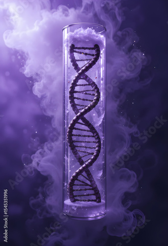 Dna Helix in translucent tube in purple smoky background