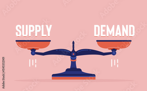 supply and demand, Scales with markings indicating equal weight for economy in flat design
