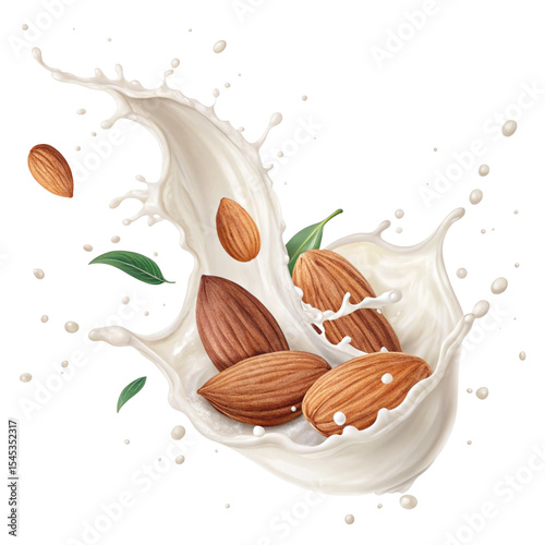 Almonds with milk splash isolated on transparent background for vegan plant based drink packaging and healthy product branding