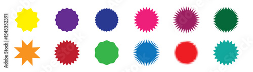 Colorful sunburst stickers, starburst badges set. Red labels, blue stickers, green color, purple and yellow price tags. Vector illustration isolated on white background.