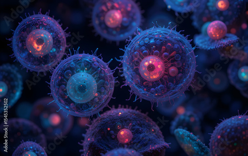 Cell formation under microscope in blue and purple tones