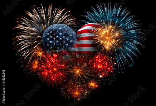 Colorful fireworks burst into a heart shape, featuring an American flag in the middle, symbolizing joy and unity under the night sky during a patriotic celebration.