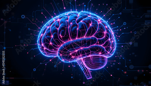 Neon brain side view with digital circuits