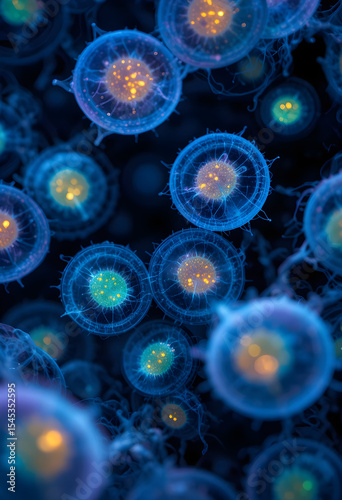Cluster of human cells under microscope in blue