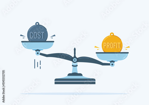 economic balance, Scales with criss and profit signs in gold and iron ball symbols to indicate risk.
