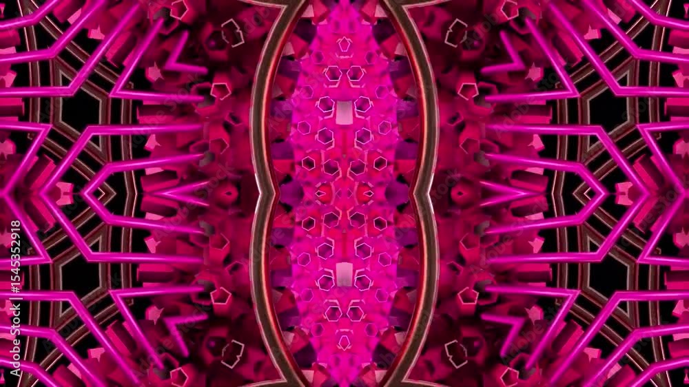 A vibrant kaleidoscopic pattern in shades of pink, showcasing intricate geometric shapes and symmetry.