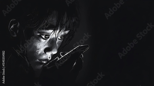 A grayscale close up of a person looking at a phone in a dark shadowy environment