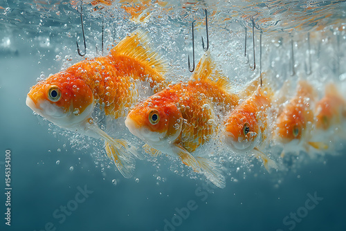 Several vibrant orange goldfish swim underwater surrounded by bubbles, with fishing hooks descending toward them, creating a surreal and dramatic aquatic scene.
