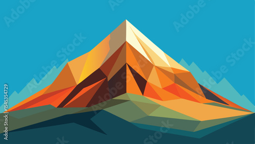 Geometric mountain landscape illustration with angular forms and vibrant color palette on transparency