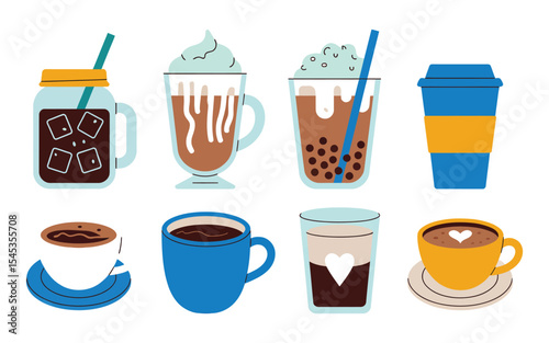 Coffee Cup Collection: Hot and Cold Beverages in Paper Mugs, Glasses & More – Vector Style