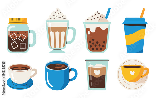 Ultimate Coffee Drink Collection: Hot & Cold Brews in Cups, Mugs, and Glasses – Vector Illustration