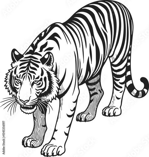 Indochinese Tiger engraving in vintage style showcasing intricate etching details on a white background