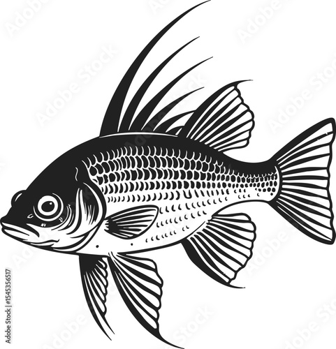 Killifish engraving illustration in vintage style featuring detailed line work and elements of aquatic life