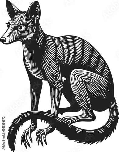 Kinkajou hand drawn engraving depicting a sleek animal with striking features and detailed fur patterns sitting gracefully with a curled tail