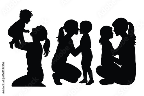 Mother playing with boy silhouette on white background EPS