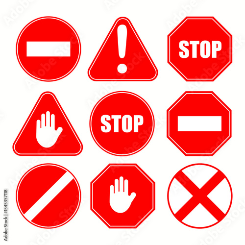 Red STOP sign icon set. Sign with hand and stop sign