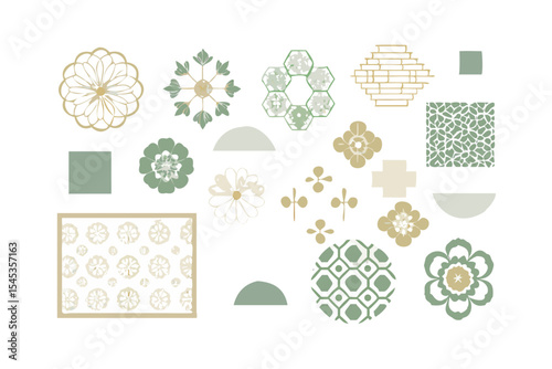 Collection of green and beige asian inspired floral and geometric patterns