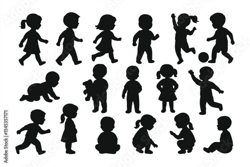 Diverse Baby Silhouette Set Showing Crawling Sitting And Standing On White Background EPS