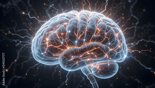 Digital brain glowing in dark background