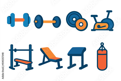 Flat vector icons of gym equipment: dumbbells, barbell rack, squat cage, cable machine, treadmill, rowing machine, resistance band, gym bench.