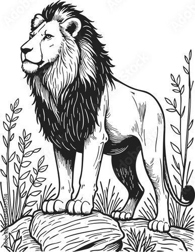 Lion engraving depicting a proud and majestic lion standing on a rocky outcrop surrounded by delicate foliage in a vintage etching style