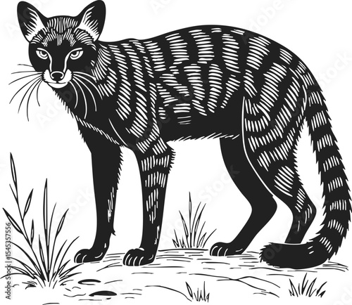 Malayan Civet engraving vector showcasing the distinctive features of this small cat-like creature in a detailed woodcut style emphasizing its unique markings and posture