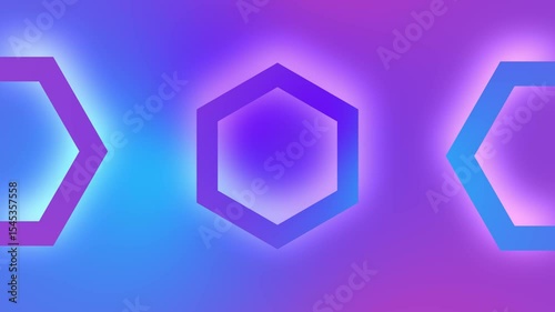 Animated neon light hexagonal shapes flowing on a gradient purple and blue background