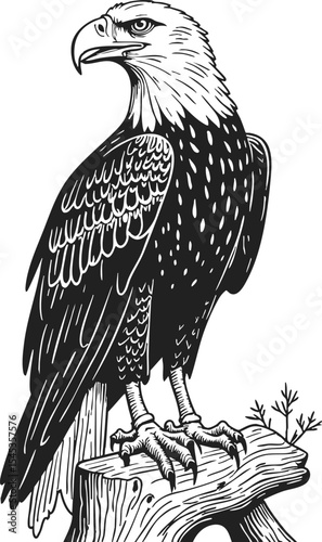 Malteagle detailed vintage engraving featuring a majestic eagle perched elegantly on a gnarled tree stump with a strong gaze against a classic backdrop