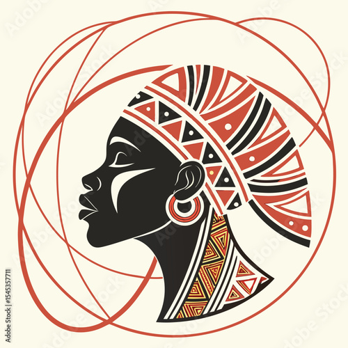 Illustration of a woman in profile with traditional african headdress and neck adornment design