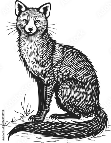 Mink line art vintage engraving depicting a detailed portrayal of a mink with exquisite fur patterns sitting gracefully on a patch of grass