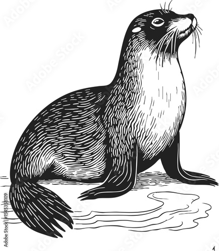 Northern Fur Seal realistic line drawing featuring detailed fur texture and a natural pose, showcasing a unique representation of this marine mammal in vintage engraving style