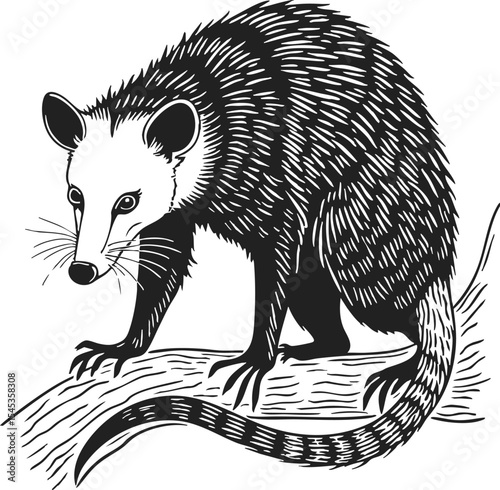 Opossum realistic line drawing, outline vector depicting a curious opossum perched on a branch, showcasing intricate details in a vintage engraving style