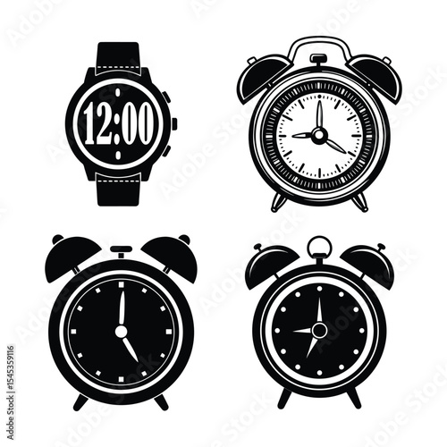 Collection of Classic Alarm Clocks and Wristwatches Timepiece Icons