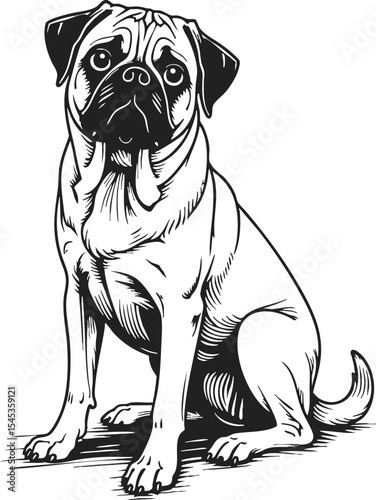 Puggle vintage engraving tattoo design featuring a seated dog with a curious expression, showcasing classic linework and intricate detailing reminiscent of vintage artistry