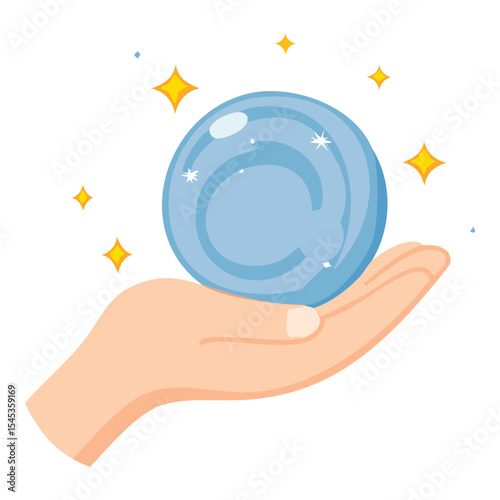 A fortune teller's hand holds a crystal ball, surrounded by radiant stars, offering a glimpse into the future