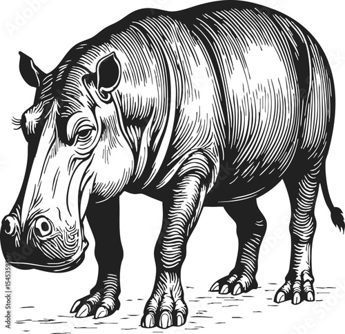 Pygmy Hippopotamus black and white illustration showcasing an intricate crosshatch drawing style perfect for vintage decor enthusiasts