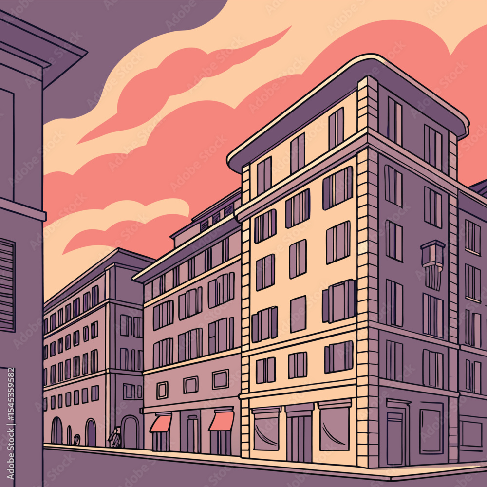 Naklejka premium Illustration of a european street with buildings and pink clouds in the sky at sunset time scene