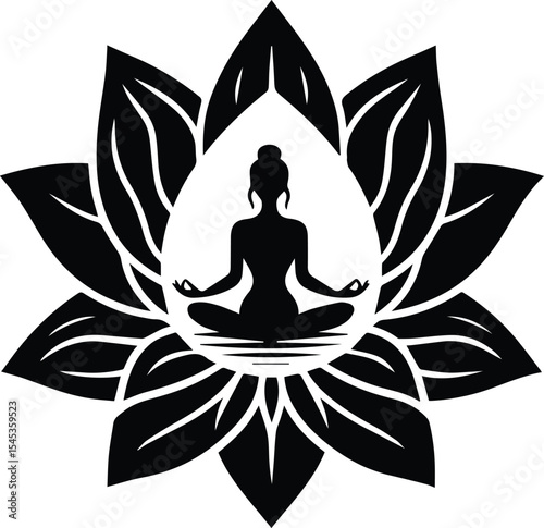 Silhouette of a person meditating inside a lotus flower, representing peace and tranquility.