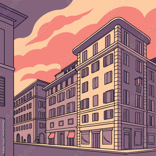 Illustration of a european street with buildings and pink clouds in the sky at sunset time scene