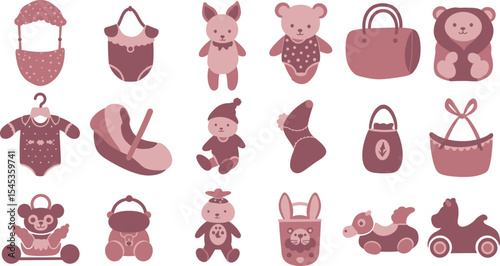Charming vector illustration set of newborn baby essentials and cute infants, perfect for nursery décor, baby shower invitations, and childcare product designs.