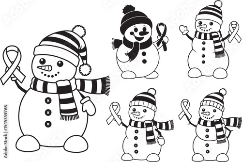 Cheerful Snowman with Breast Cancer Ribbon vector illustration