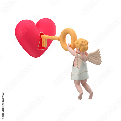 Cupid using a key to open a heart, 3d illustration